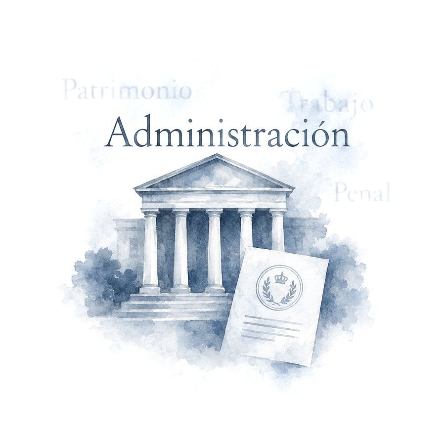 Acuarela de un edificio institucional y un documento oficial: Administración