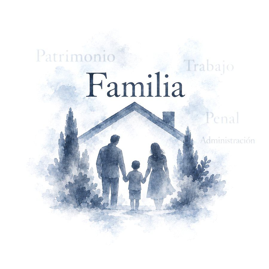 Acuarela de una familia de la mano ante su casa: Familia