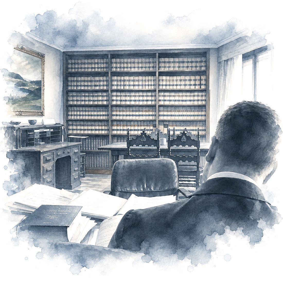 Acuarela del despacho: biblioteca jurídica, escritorio antiguo y el abogado de espaldas